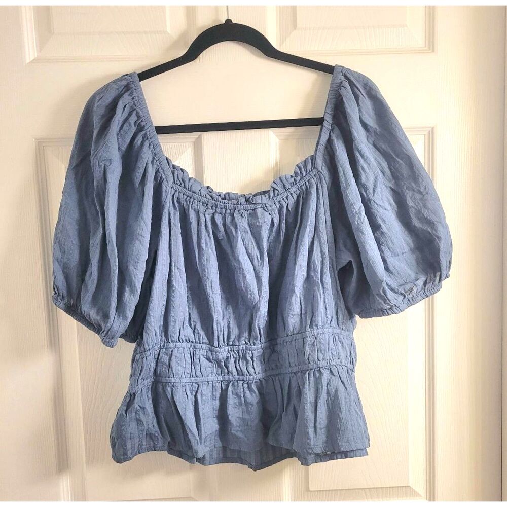 a.n.a PXXL Blue Cotton Peplum Blouse Square Neck Puff Sleeve Cottagecore Boho